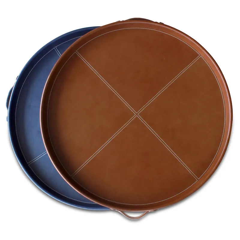 Round Leather Stitched Tray in Cognac and Navy