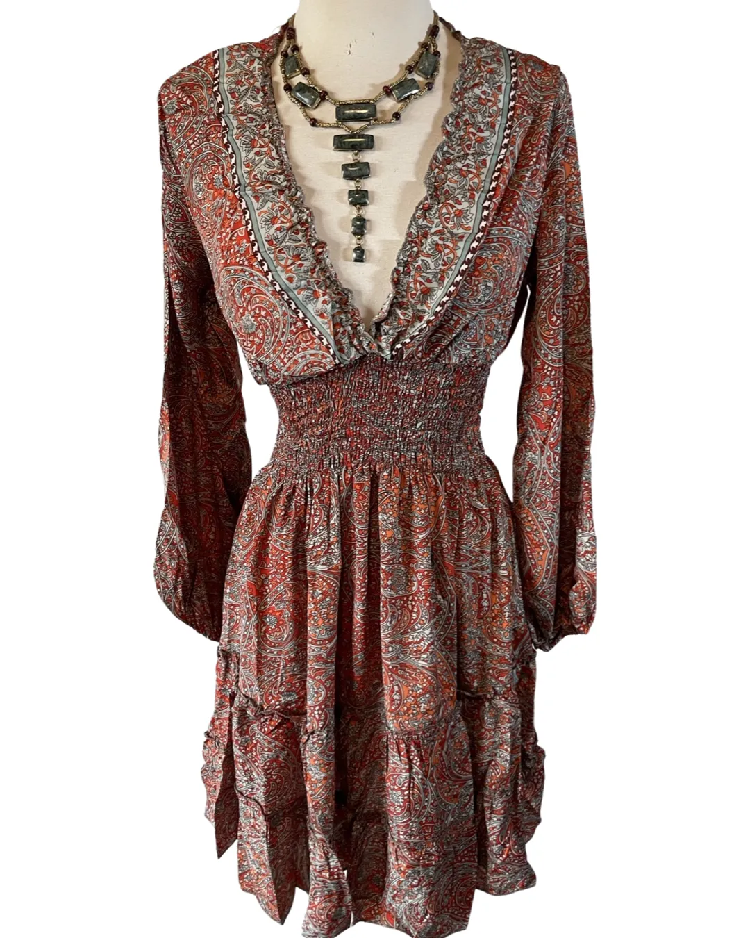 Short boho silk tiered dress w/ balloon sleeves (orange-gray)