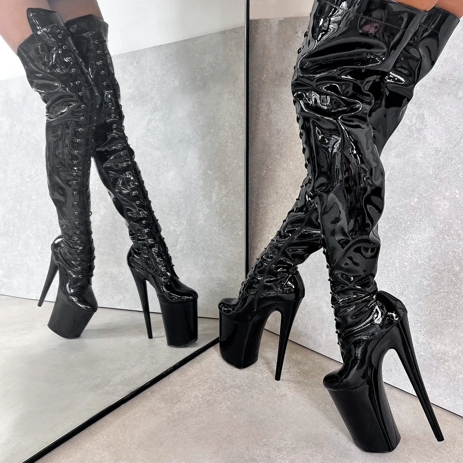 Thigh High Front Lace - Black Beatle - 9 INCH