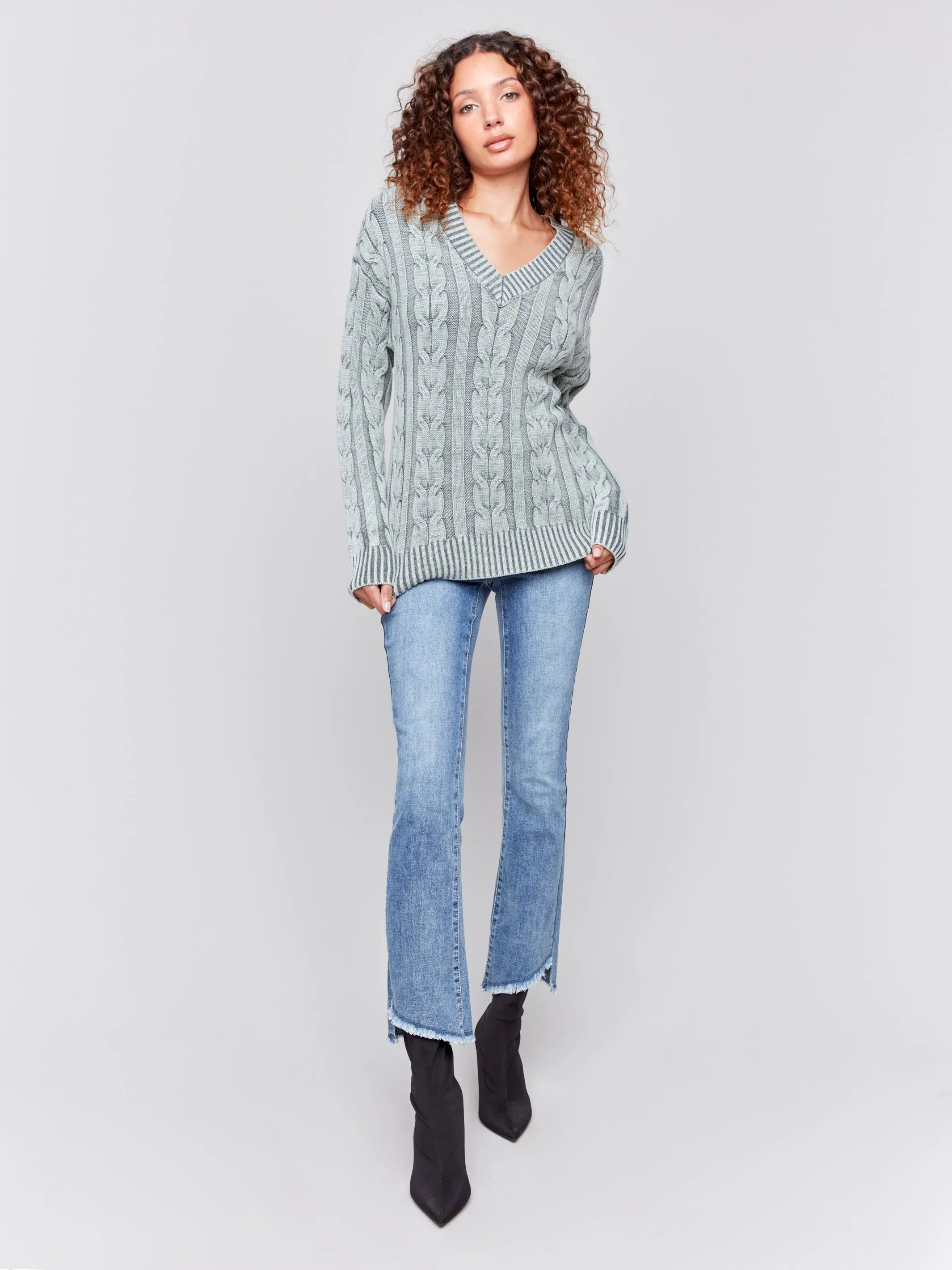 V-Neck Cable Knit Sweater - Spruce