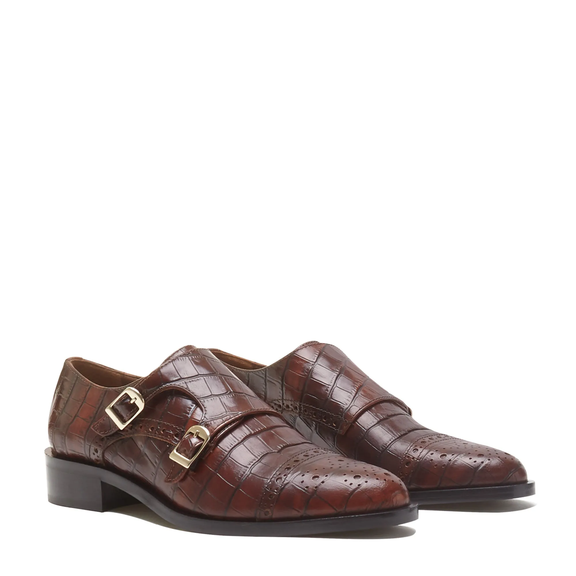 Vendôme Sophie croco brown calfskin leather double monk shoes