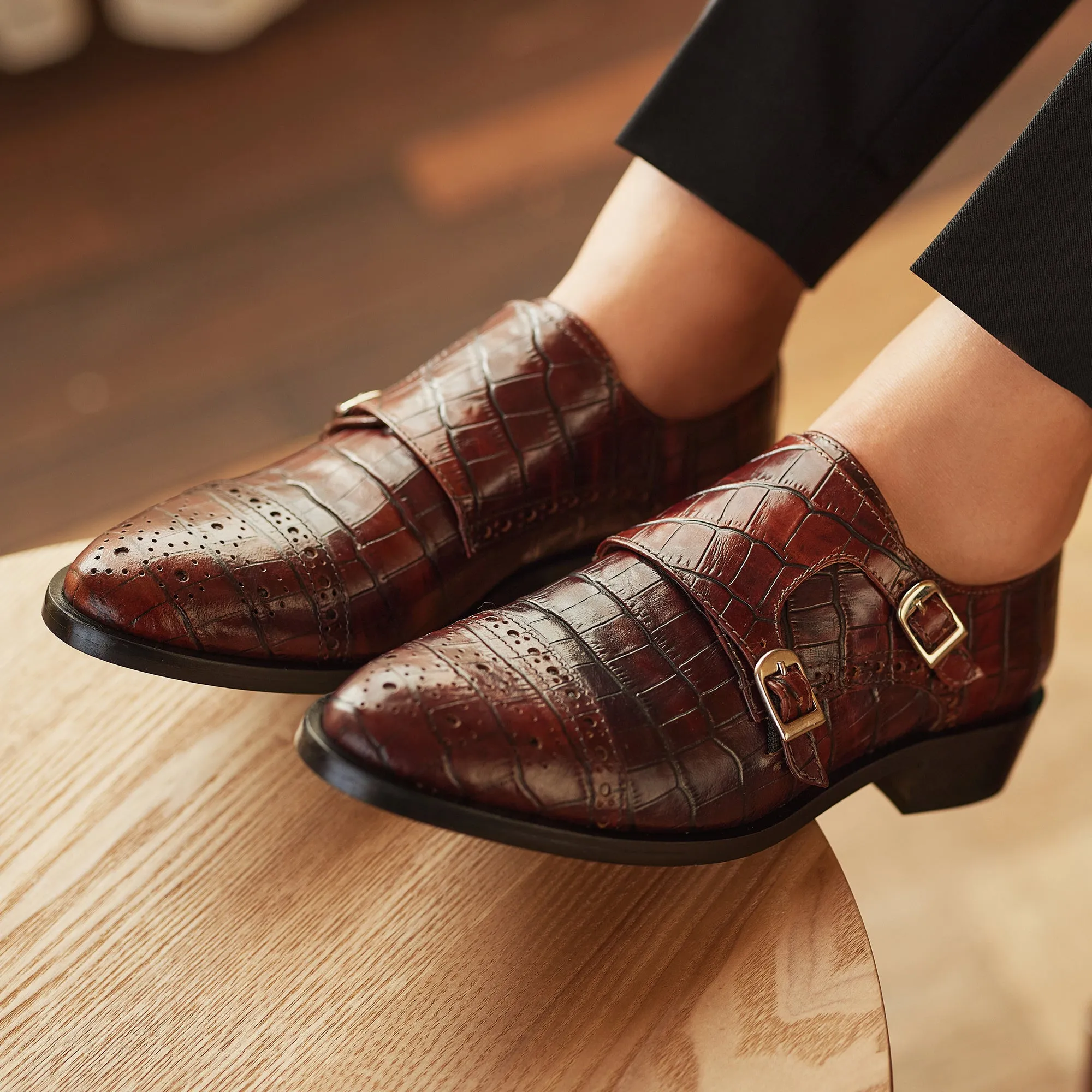 Vendôme Sophie croco brown calfskin leather double monk shoes