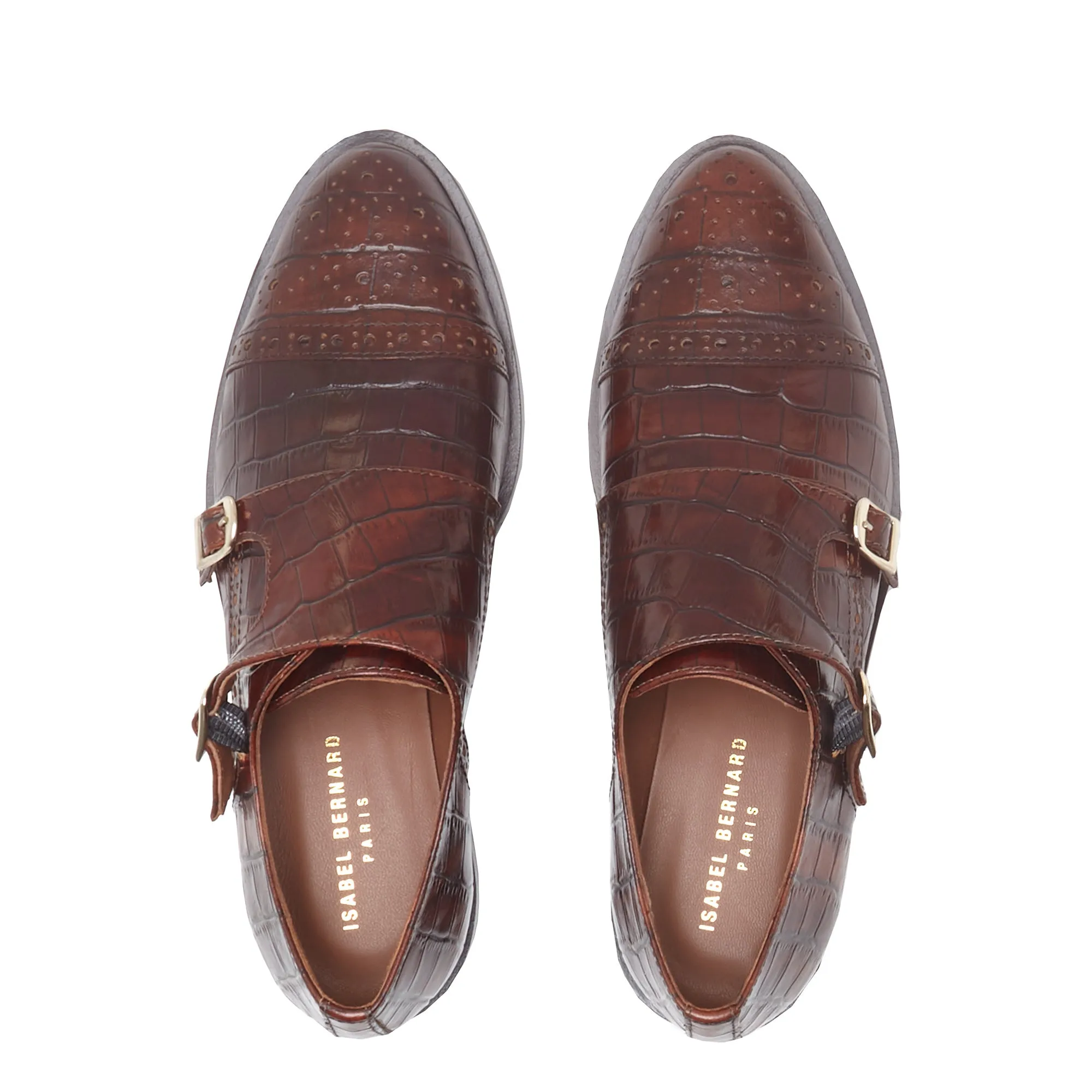 Vendôme Sophie croco brown calfskin leather double monk shoes