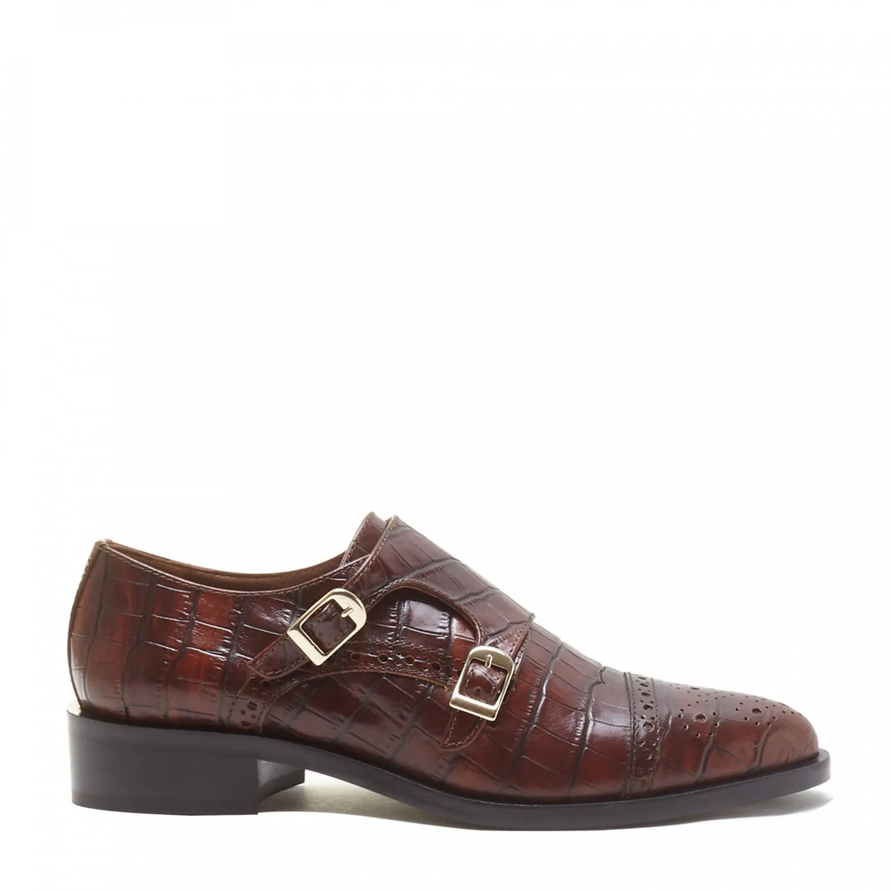 Vendôme Sophie croco brown calfskin leather double monk shoes