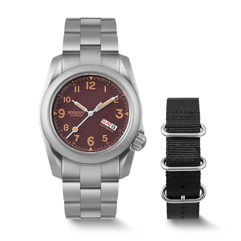 VOYAGER - 100M Waterproof Titanium Automatic Field Watch | Claret-bracelet