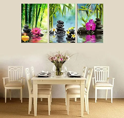 WALL ART ZEN PAINTING SPA CANVAS ART 20"X30" 3 PANELS FRAMED READY TO HANG - EXTRA LARGE CONTEMPORARY ARTWORK PRINT FOR HOM OFFICE DECORATION FRANGIPANI BLACK MASSAGE STONE GREEN BAMBOO WATERLILY