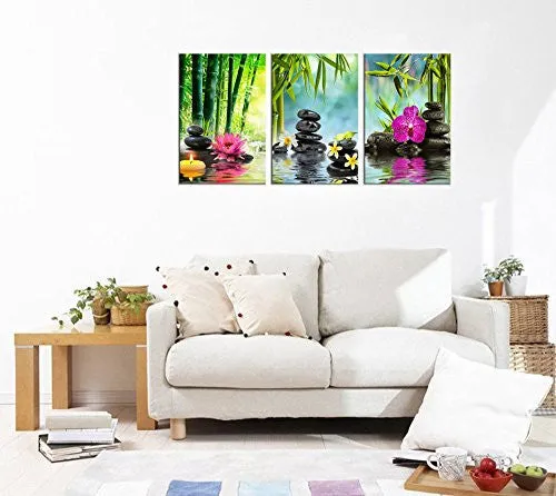 WALL ART ZEN PAINTING SPA CANVAS ART 20"X30" 3 PANELS FRAMED READY TO HANG - EXTRA LARGE CONTEMPORARY ARTWORK PRINT FOR HOM OFFICE DECORATION FRANGIPANI BLACK MASSAGE STONE GREEN BAMBOO WATERLILY