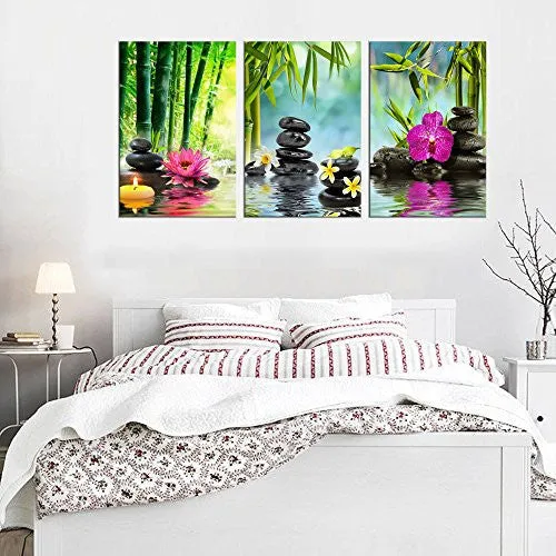 WALL ART ZEN PAINTING SPA CANVAS ART 20"X30" 3 PANELS FRAMED READY TO HANG - EXTRA LARGE CONTEMPORARY ARTWORK PRINT FOR HOM OFFICE DECORATION FRANGIPANI BLACK MASSAGE STONE GREEN BAMBOO WATERLILY