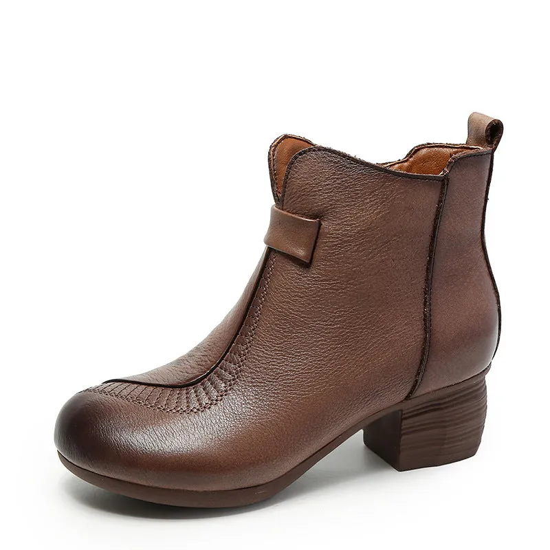 Women Casual Vintage Leather Chunky Heel Ankle Boots