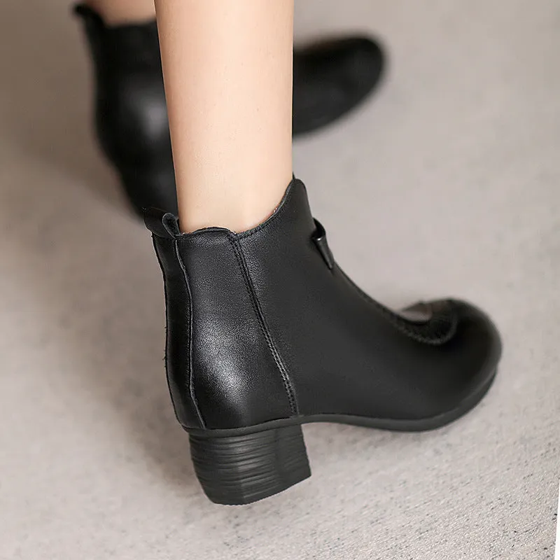 Women Casual Vintage Leather Chunky Heel Ankle Boots