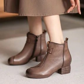 Women Casual Vintage Leather Chunky Heel Ankle Boots