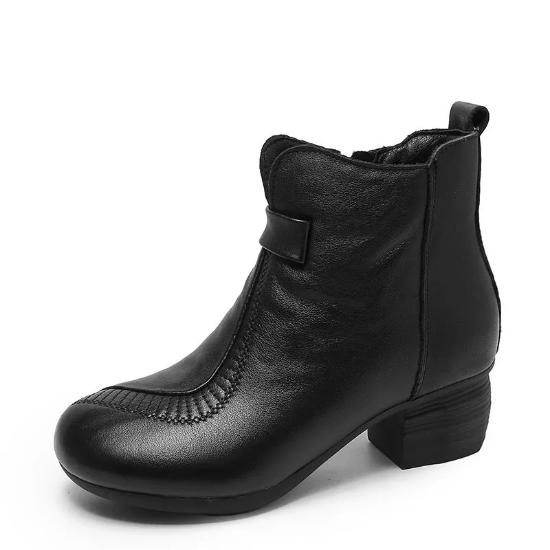 Women Casual Vintage Leather Chunky Heel Ankle Boots