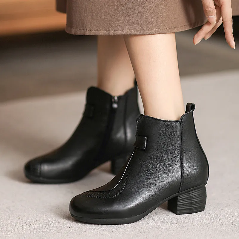 Women Casual Vintage Leather Chunky Heel Ankle Boots