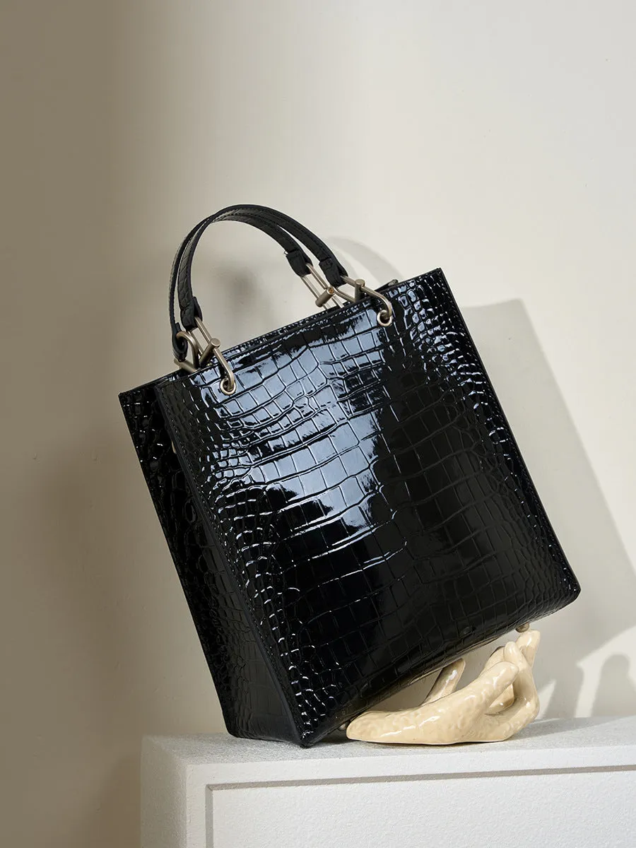 Women Fashion Embossed Glossy Leather Tote Bag