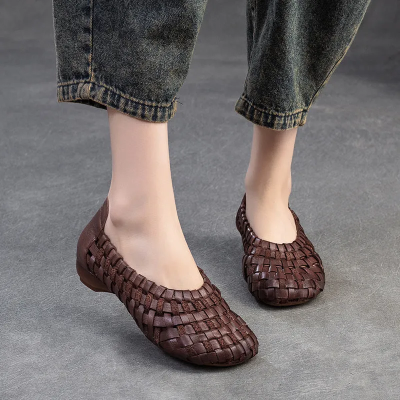 Women Handcraft Plaited Leather Soft Low Block Sandals