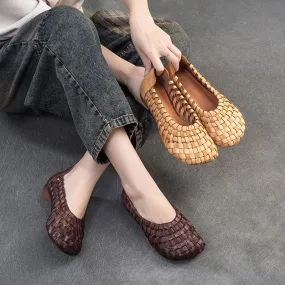 Women Handcraft Plaited Leather Soft Low Block Sandals