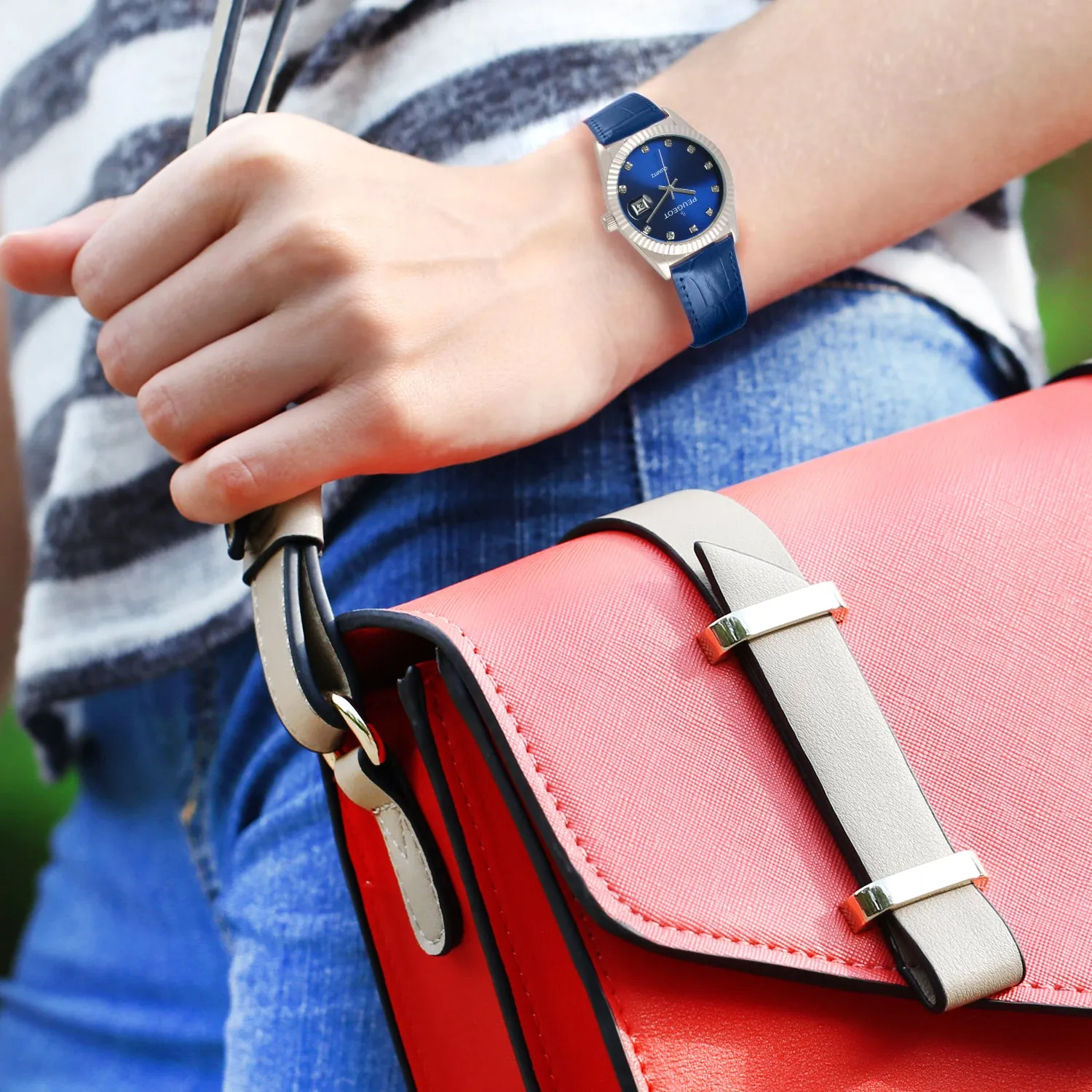 Women's 36mm Blue Fluted Bezel Watch with Leather Strap